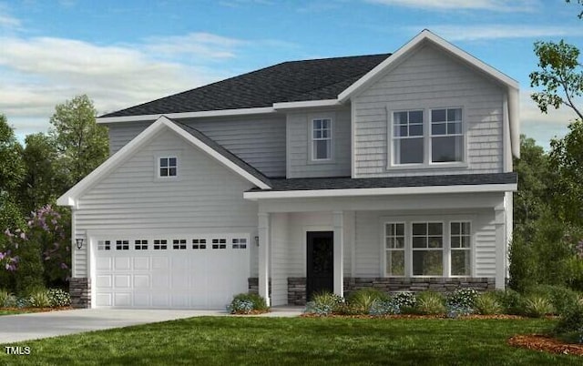 traditional-style home featuring a front yard, stone siding, a garage, and concrete driveway