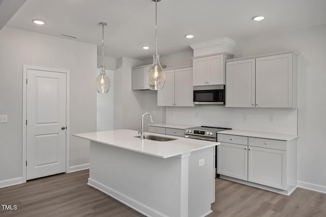 kitchen featuring a sink, appliances with stainless steel finishes, baseboards, wood finished floors, and a center island with sink