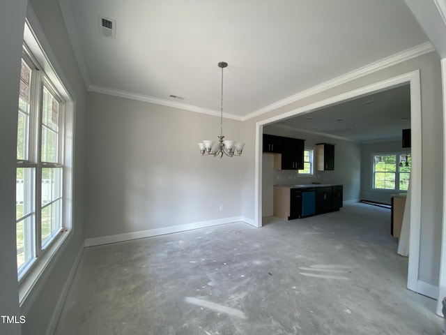 unfurnished dining area featuring baseboards, ornamental molding, a notable chandelier, and visible vents