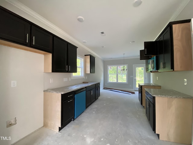 kitchen with crown molding, visible vents, dishwashing machine, dark cabinets, and concrete floors