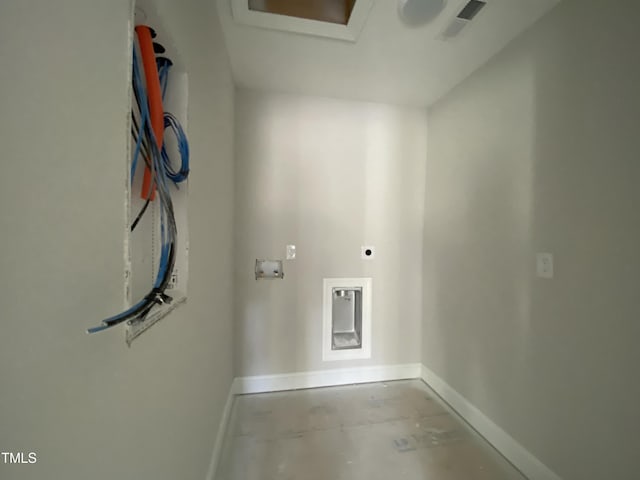 laundry area with washer hookup, hookup for an electric dryer, laundry area, visible vents, and baseboards