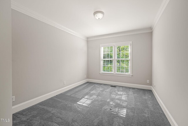 empty room featuring ornamental molding, carpet floors, and baseboards