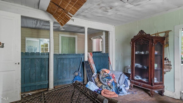 410 Halifax St, Warrenton, NC 27589 - exterior space with wooden walls, ornamental molding, and wood finished floors