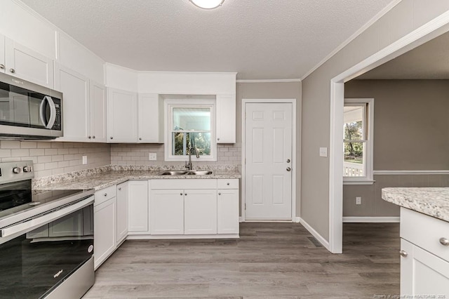 kitchen featuring white cabinets, stainless steel appliances, ornamental molding, and a sink