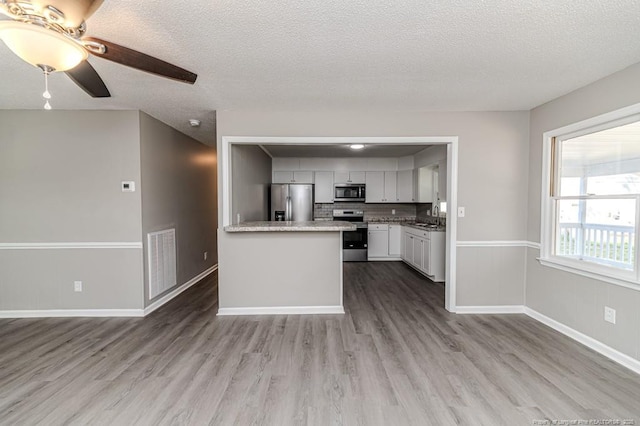 kitchen with a textured ceiling, visible vents, appliances with stainless steel finishes, wood finished floors, and a sink