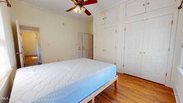 bedroom featuring multiple closets, crown molding, light wood-style flooring, and a ceiling fan