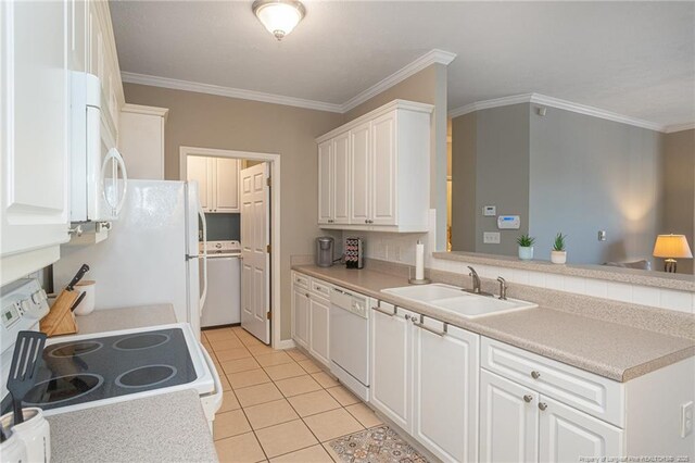 3159 Wisteria Ln Unit 101, Fayetteville, NC 28314 - kitchen featuring a sink, washer / clothes dryer, light tile patterned floors, white appliances, and white cabinets
