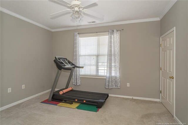 3159 Wisteria Ln Unit 101, Fayetteville, NC 28314 - exercise room with a ceiling fan, carpet floors, baseboards, and visible vents
