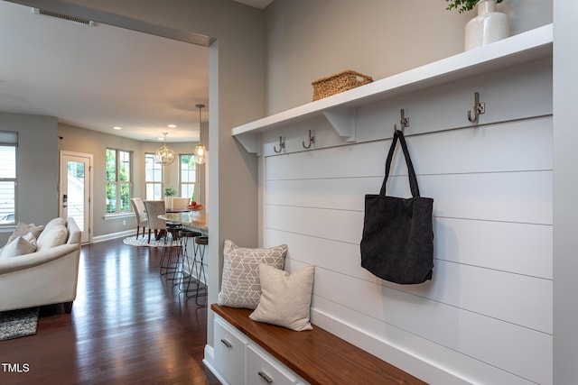 4026 Overcup Oak Ln, Cary, NC 27519 - mudroom featuring dark wood-style floors, recessed lighting, baseboards, and a chandelier