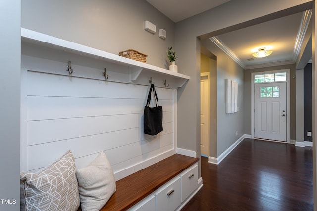 4026 Overcup Oak Ln, Cary, NC 27519 - mudroom featuring crown molding, dark wood-style flooring, and baseboards