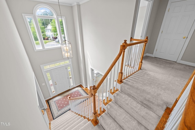 foyer with a chandelier, crown molding, baseboards, and carpet floors