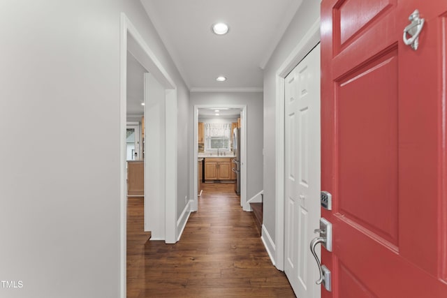 2949 Tram Rd, Fuquay Varina, NC 27526 - hall with crown molding, a sink, dark wood finished floors, baseboards, and recessed lighting