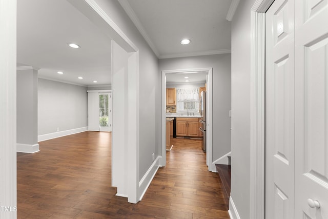 2949 Tram Rd, Fuquay Varina, NC 27526 - hall with recessed lighting, crown molding, baseboards, and dark wood finished floors