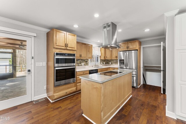2949 Tram Rd, Fuquay Varina, NC 27526 - kitchen with decorative backsplash, ornamental molding, dark wood finished floors, island range hood, and black appliances