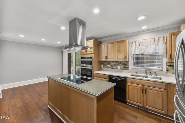 2949 Tram Rd, Fuquay Varina, NC 27526 - kitchen featuring a sink, black appliances, crown molding, and island range hood
