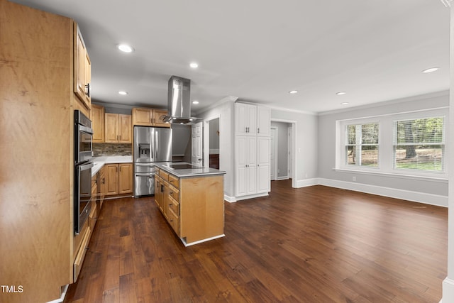2949 Tram Rd, Fuquay Varina, NC 27526 - kitchen with tasteful backsplash, appliances with stainless steel finishes, dark wood finished floors, island range hood, and ornamental molding