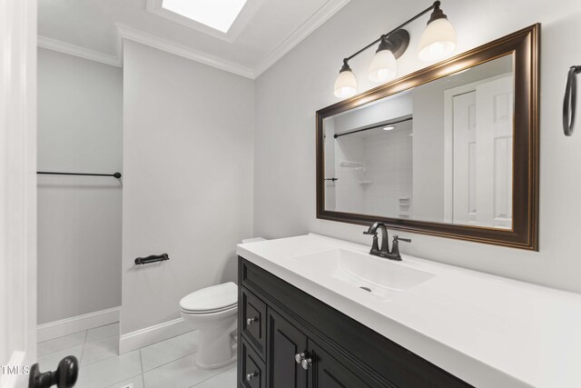 2949 Tram Rd, Fuquay Varina, NC 27526 - full bathroom with a shower, baseboards, ornamental molding, toilet, and tile patterned flooring