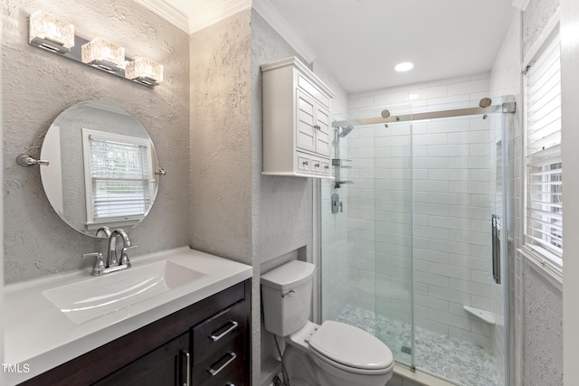 2949 Tram Rd, Fuquay Varina, NC 27526 - full bath featuring vanity, crown molding, toilet, a textured wall, and a shower stall