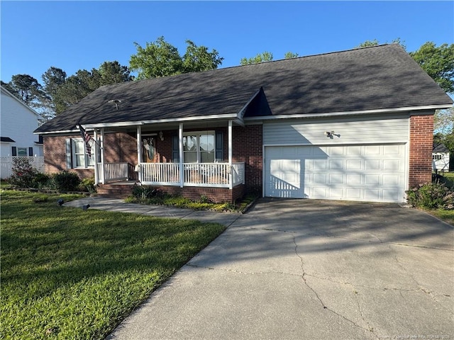 5870 Mcdonald Rd, Parkton, NC 28371 - ranch-style house featuring covered porch, a front yard, brick siding, concrete driveway, and an attached garage