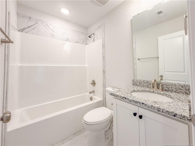 1312 Cory Cir, Fayetteville, NC 28312 - full bath with visible vents, vanity, toilet, marble finish floor, and bathing tub / shower combination