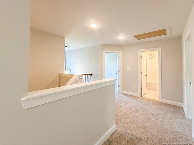 1312 Cory Cir, Fayetteville, NC 28312 - hallway featuring baseboards, attic access, recessed lighting, and light colored carpet