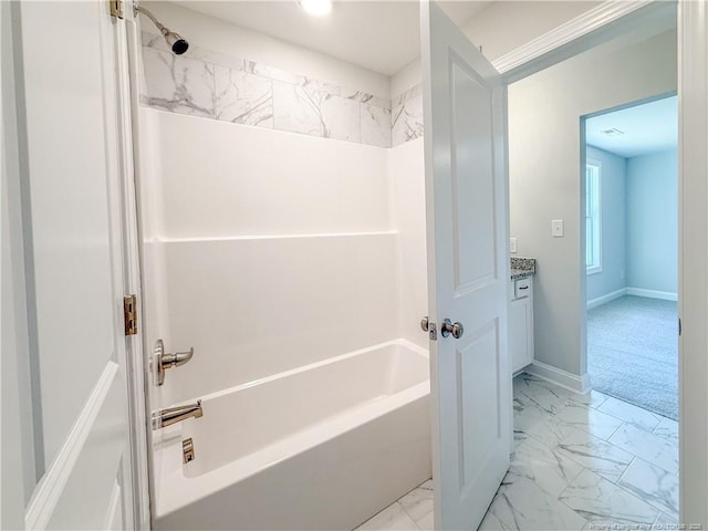 1312 Cory Cir, Fayetteville, NC 28312 - full bath featuring baseboards, shower / washtub combination, marble finish floor, and vanity