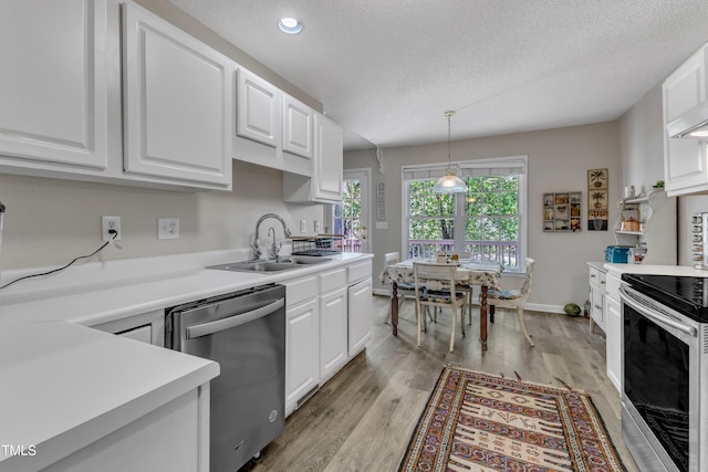 9512 Anson Grove Ln, Raleigh, NC 27615 - kitchen with a sink, light countertops, light wood-style flooring, and appliances with stainless steel finishes