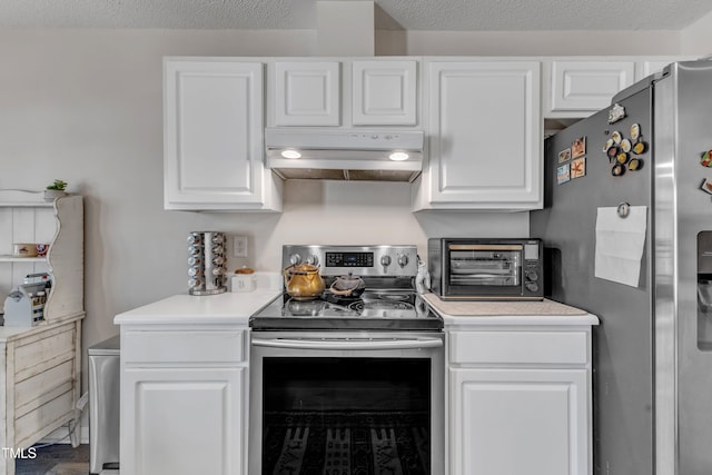 9512 Anson Grove Ln, Raleigh, NC 27615 - kitchen featuring a textured ceiling, light countertops, white cabinets, stainless steel appliances, and under cabinet range hood
