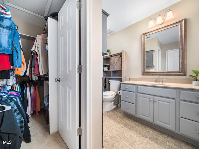 bathroom featuring a closet, toilet, and vanity
