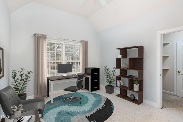 6020 Jones Farm Rd, Wake Forest, NC 27587 - carpeted home office with lofted ceiling, a ceiling fan, and baseboards