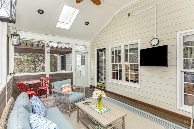 6020 Jones Farm Rd, Wake Forest, NC 27587 - sunroom featuring lofted ceiling, outdoor lounge area, a ceiling fan, and a skylight