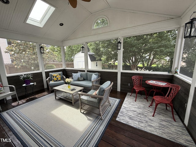 6020 Jones Farm Rd, Wake Forest, NC 27587 - sunroom / solarium with vaulted ceiling, a skylight, a ceiling fan, and outdoor lounge area