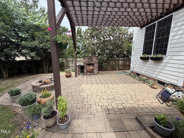 6020 Jones Farm Rd, Wake Forest, NC 27587 - fenced backyard with a patio area, a pergola, and an outdoor fireplace