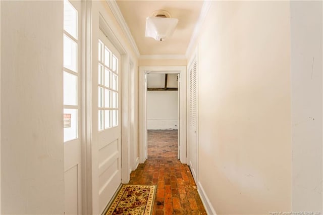hallway featuring ornamental molding, a healthy amount of sunlight, and brick floor