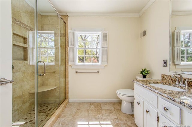 full bath featuring a stall shower, crown molding, and baseboards