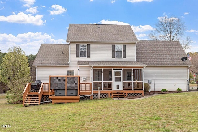 15 Longwood Dr, Youngsville, NC 27596 - rear view of property with a lawn, a sunroom, a shingled roof, and a wooden deck