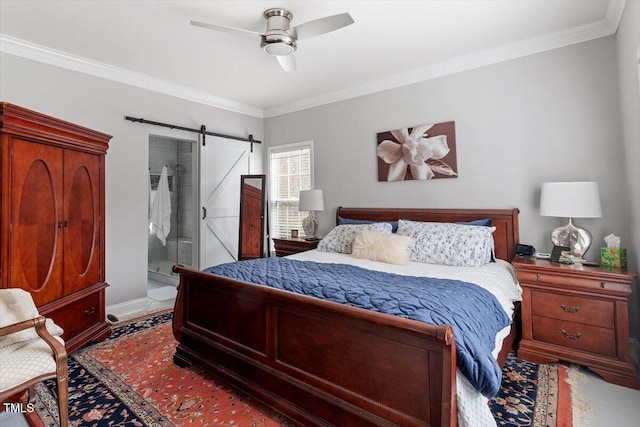 15 Longwood Dr, Youngsville, NC 27596 - bedroom with baseboards, a barn door, ornamental molding, and a ceiling fan