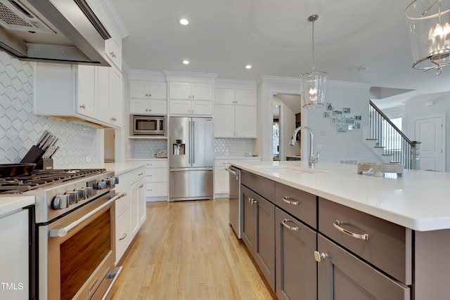 kitchen featuring light countertops, white cabinetry, a sink, exhaust hood, and stainless steel appliances