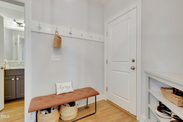 mudroom featuring light wood-style floors, crown molding, and a sink