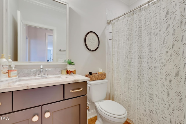 full bathroom featuring toilet, curtained shower, and vanity