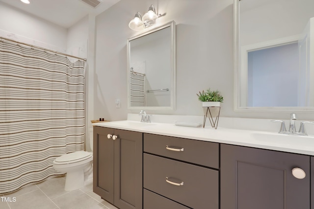 bathroom featuring a sink, tile patterned floors, toilet, and double vanity