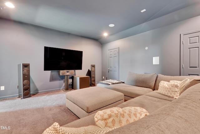 living area featuring baseboards, carpet flooring, recessed lighting, and lofted ceiling