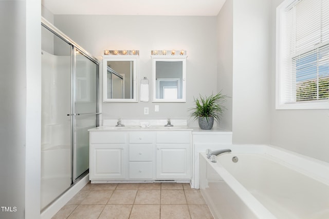 440 Heritage Village Ln, Apex, NC 27502 - full bath featuring a garden tub, tile patterned flooring, double vanity, and a shower stall