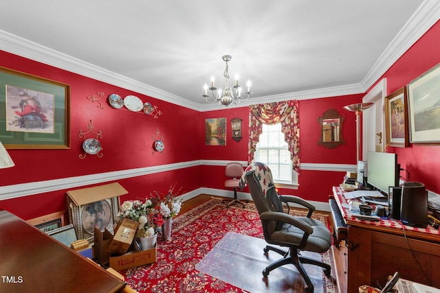 home office featuring an inviting chandelier, ornamental molding, and baseboards