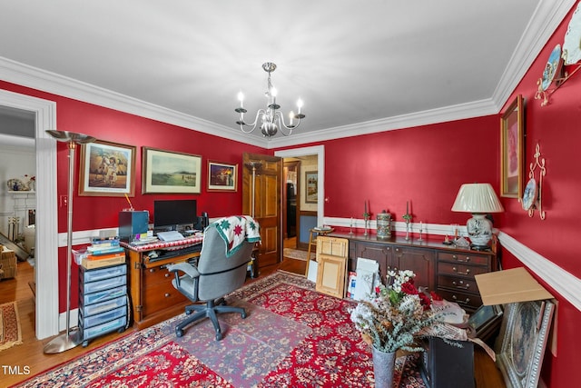 office space featuring ornamental molding, a notable chandelier, and wood finished floors