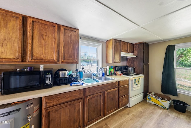 105 E Cole St, Dunn, NC 28334 - kitchen with electric stove, black microwave, under cabinet range hood, a sink, and light countertops