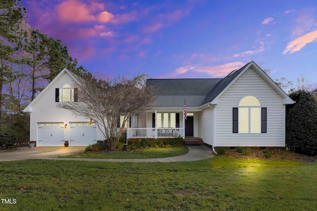 view of front of property with covered porch, a garage, a shingled roof, a front yard, and driveway