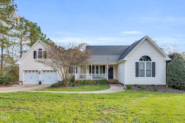 view of front of home with covered porch, an attached garage, concrete driveway, a front yard, and a shingled roof