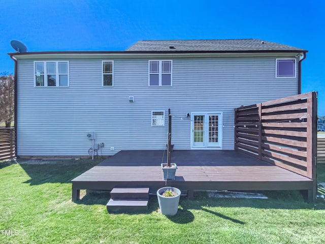 357 Riverwood Dr, Clayton, NC 27527 - rear view of house with a lawn, fence, and a wooden deck