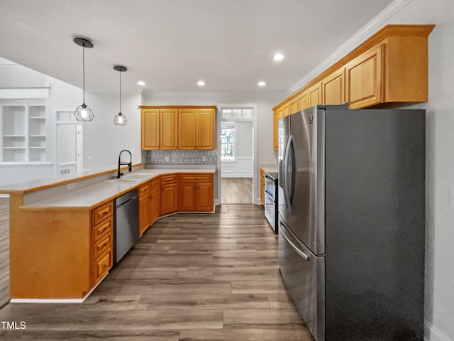 kitchen featuring a peninsula, wood finished floors, stainless steel appliances, tasteful backsplash, and a sink